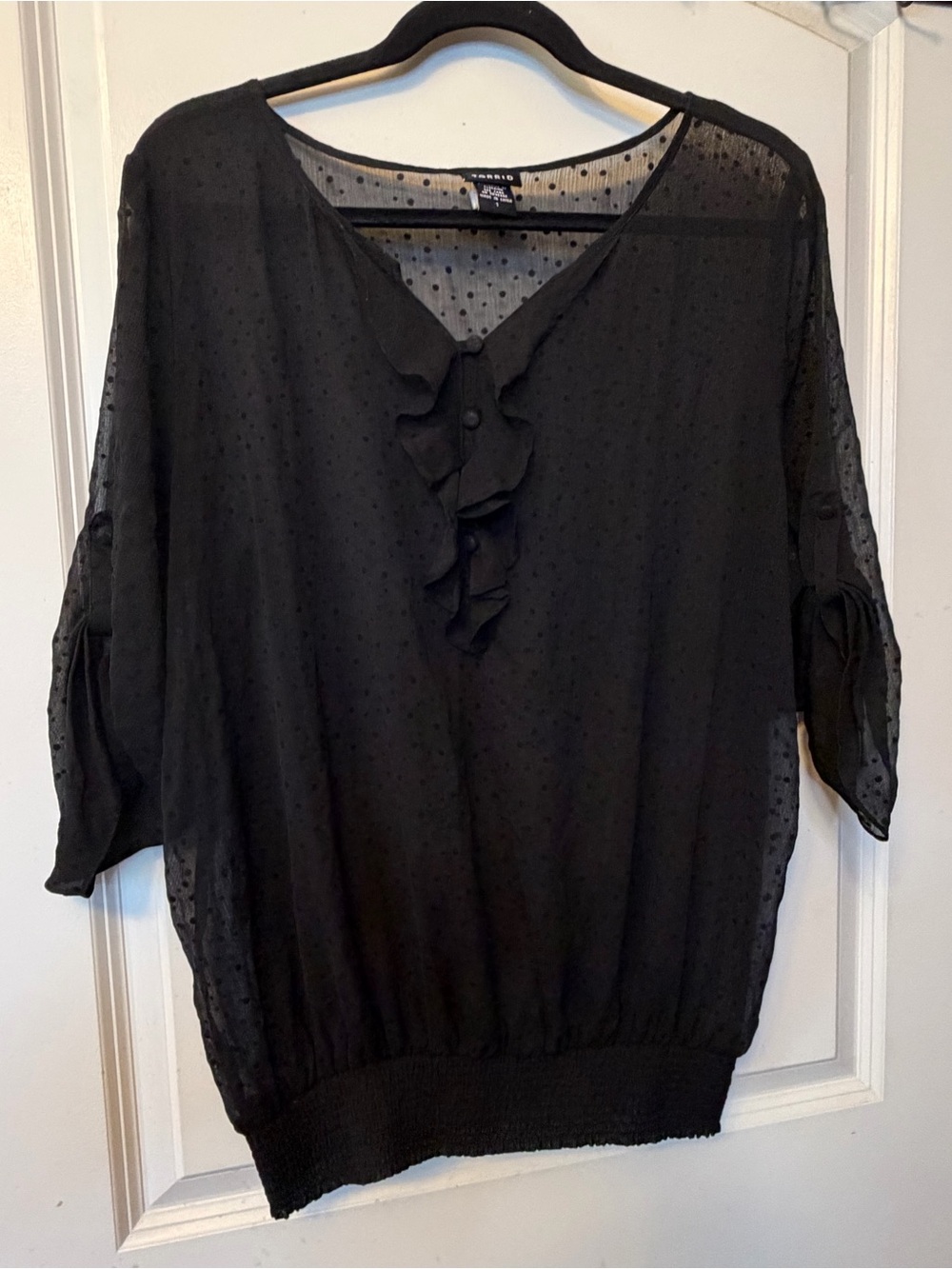 Torrid 1X Sheer Black Blouse Delicate Swiss Polka Dot Pattern Ruffled V-Neck